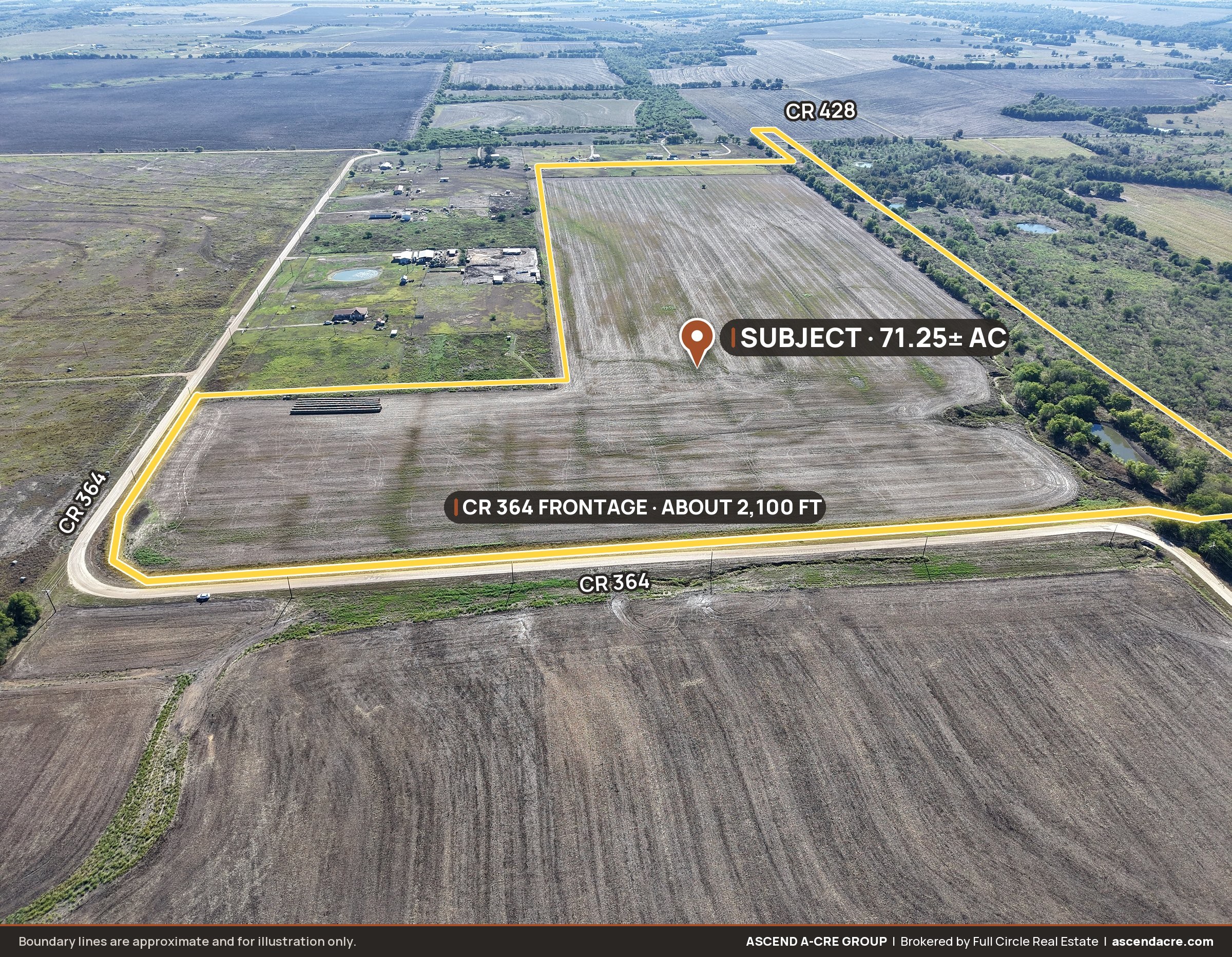 Drone aerial overview from the west of the whole 71.249-acre tract with about 2,100 ft on CR 364 and the CR 428 corner, boundary drawn