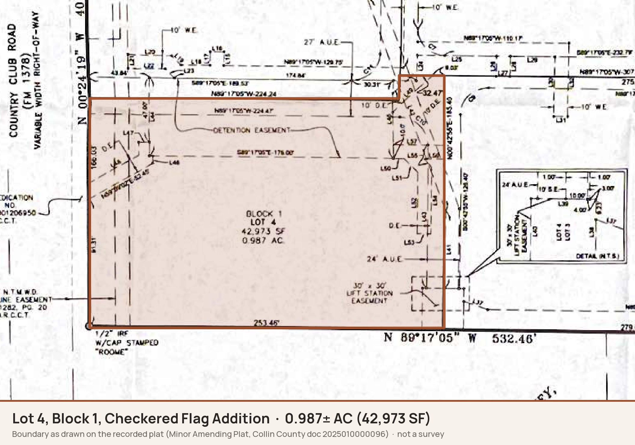 Recorded plat exhibit of Lot 4, Block 1, Checkered Flag Addition on Country Club Rd in Wylie, Texas, with the lot boundary marked (0.987 acre / 42,973 SF)