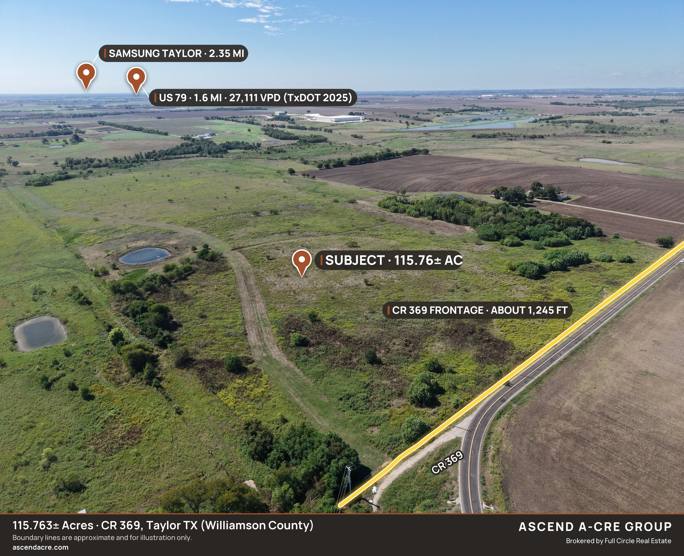 Drone aerial of the north-east corner on CR 369 with Samsung Taylor and US 79 on the horizon
