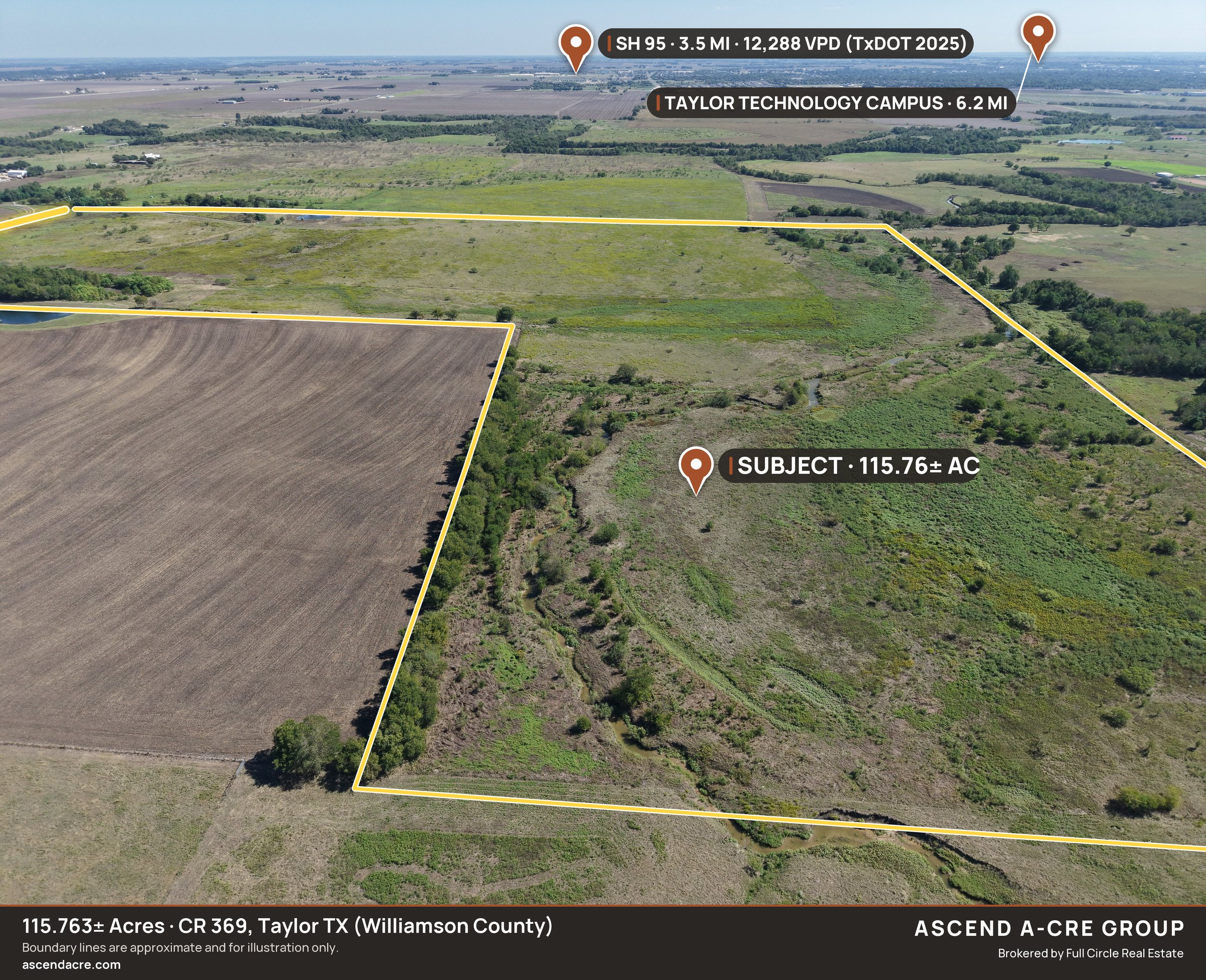 Drone aerial from the west with SH 95 and the Taylor Technology Campus beyond