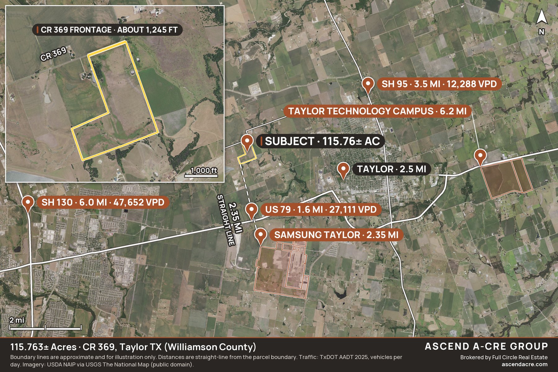 Area map of the CR 369 tract with Samsung Taylor, US 79, Taylor, SH 95, SH 130 and the Taylor Technology Campus
